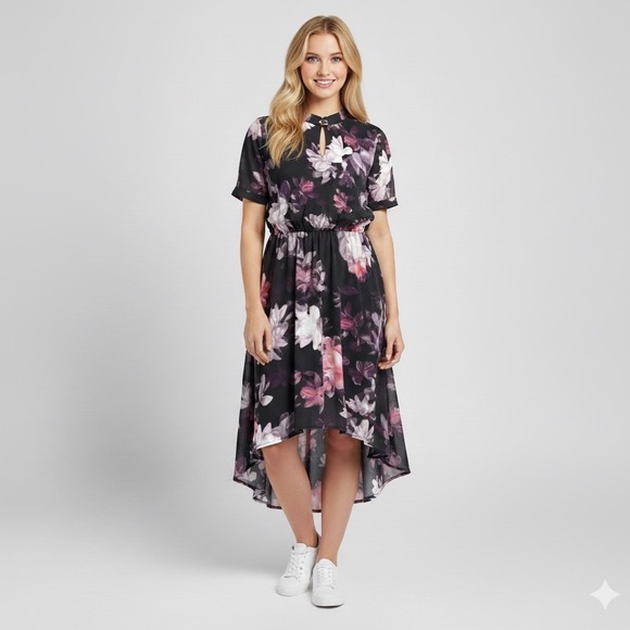 Simply Vera Vera Wang Dress Womens Medium Floral Print High Low Midi Chic Boho - Picture 1 of 13